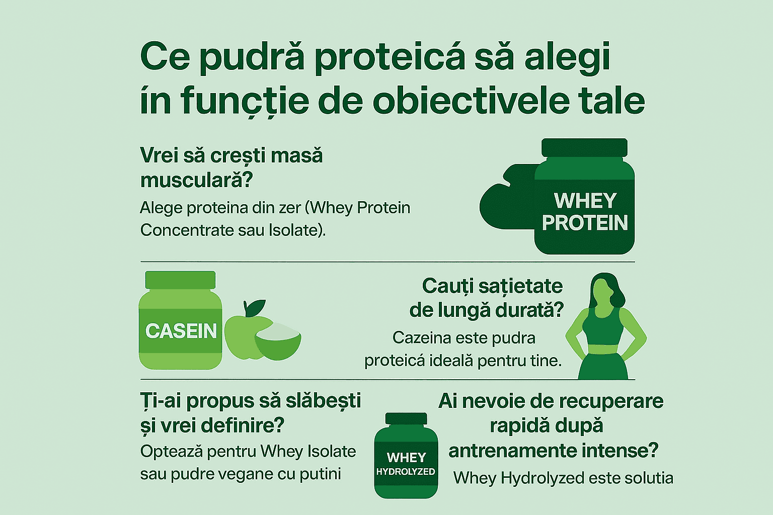 Infografic în stil minimalist care prezintă tipurile de pudră proteică recomandate pentru masă musculară, sațietate, slăbire și recuperare, folosind paleta de culori verlin.ro..