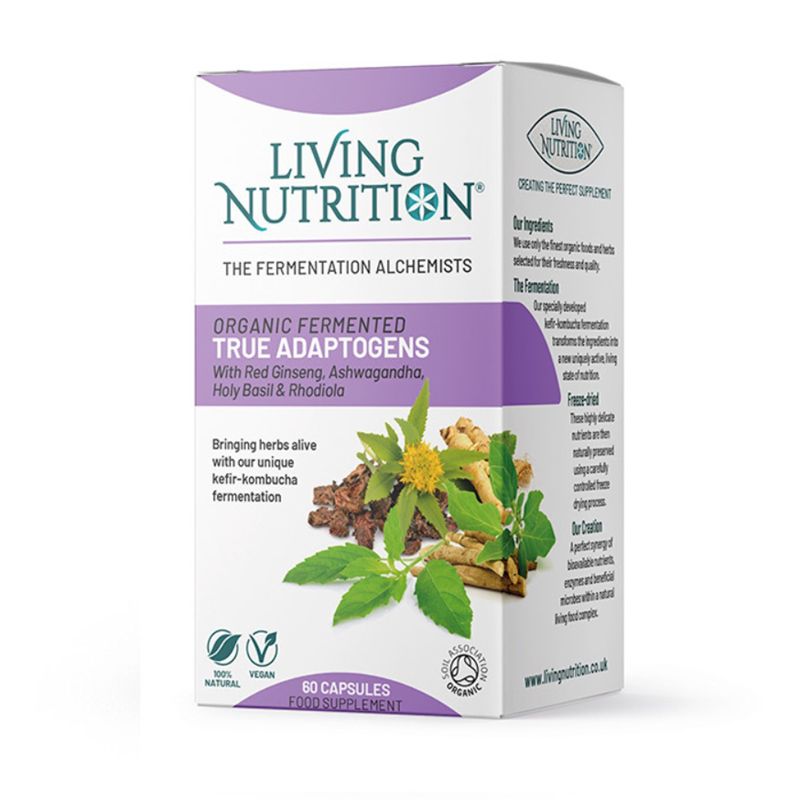 Organic fermented True Adaptogens cu ginseng, ashwagandha, holy basil si rhodiola 560 mg (60 capsule), Living Nutrition