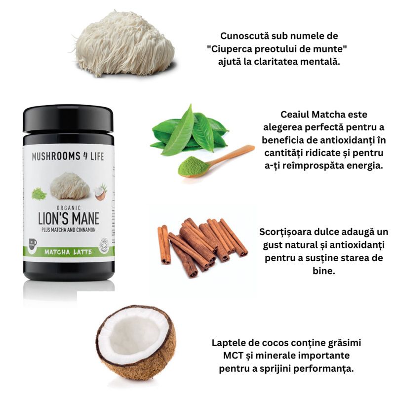 Organic Lions Mane Matcha Latte Pure Grade Extract 110 grame (20 portii), MushroomsForLife