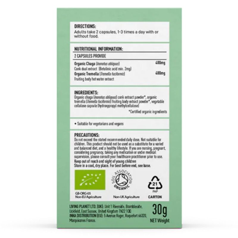 Organic Myco Beauty Chaga si Tremella 800 mg Pure Grade Extracts (60 capsule), MushroomsForLife