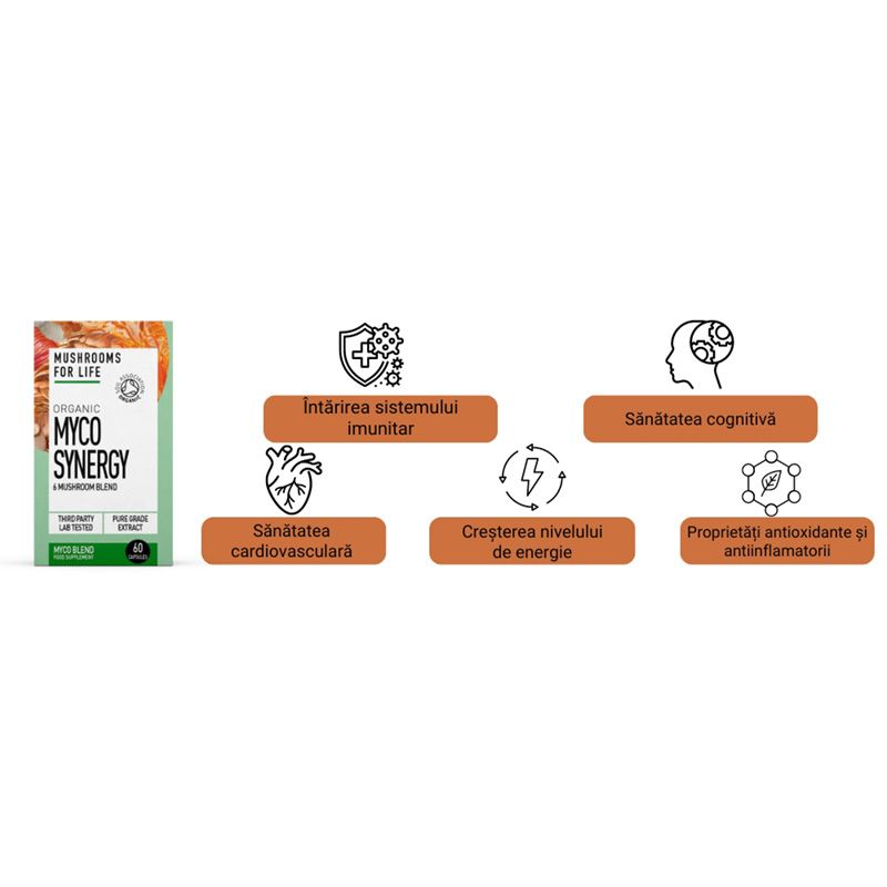 Organic Myco Synergy 6 ciuperci 800 mg Pure Grade Extracts (60 capsule), MushroomsForLife