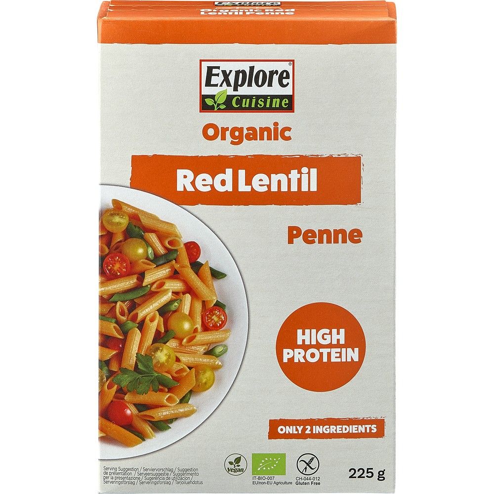 Penne proteice din linte rosie, fara gluten ,bio , 225g,Explore Cuisine