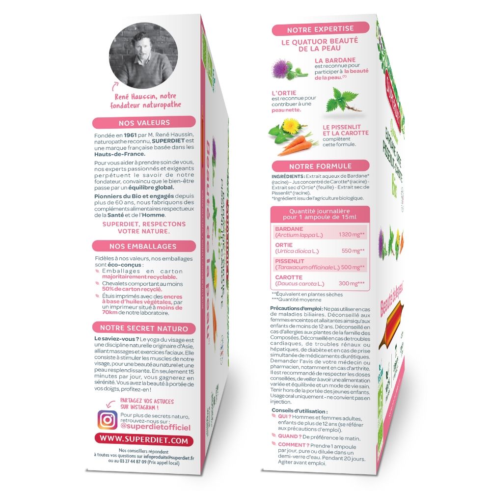 Cutii carton SUPERDIET cu detalii ingrediente plante BIO: brusture, urzică, păpădie, morcov, text colorat.