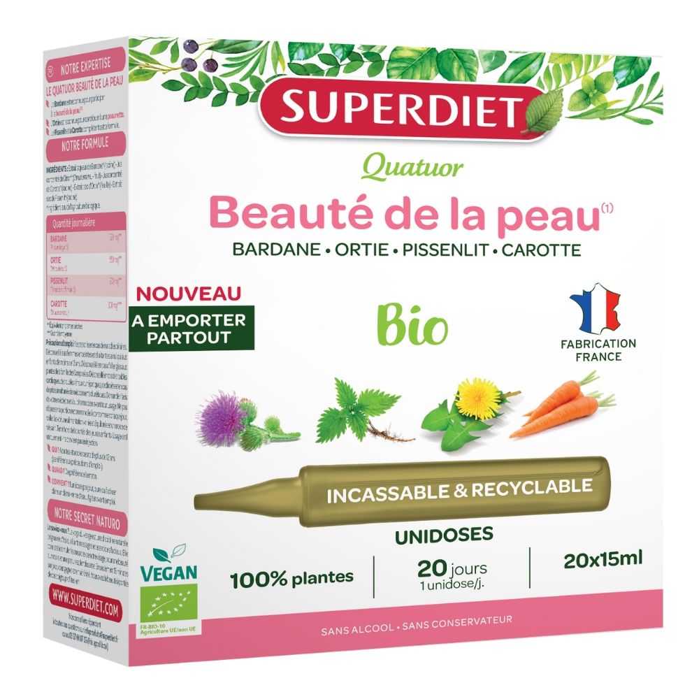 4 PLANTE PENTRU SANATATEA PIELII BIO, 20 FIOLE DIN PP x 15ml, SUPERDIET UNIDOZE din PP reciclabile pe