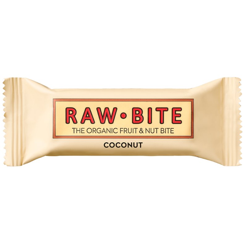 Baton Raw Bite coconut fără gluten, bio, 50g, ambalaj bej.