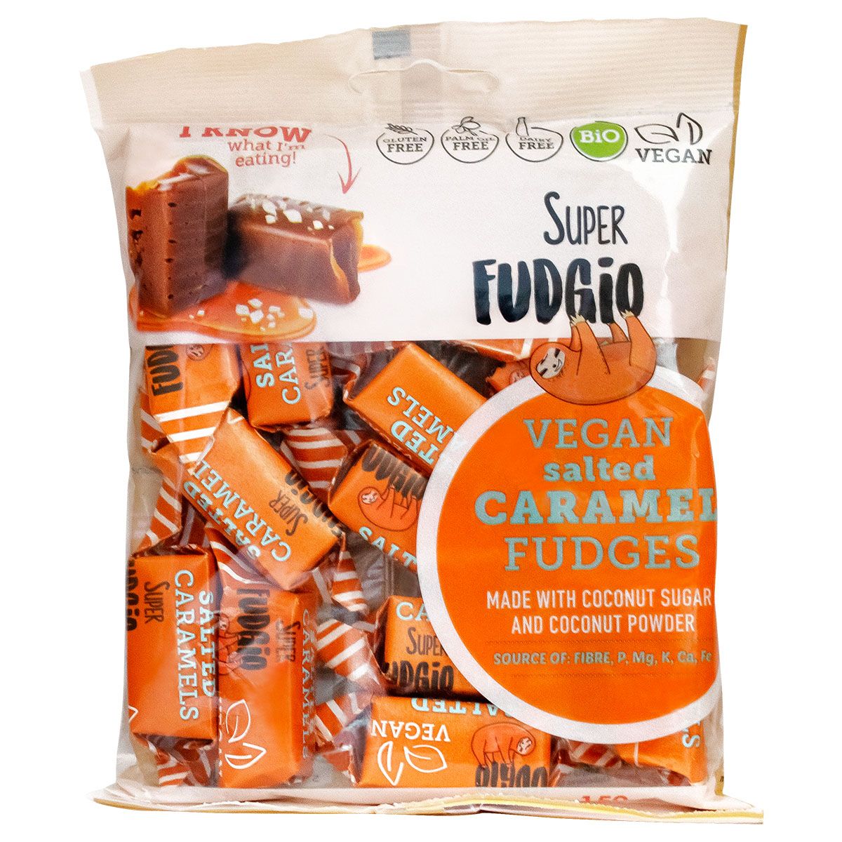 Caramele Super Fudgio vegan, bio, caramel sărat, ambalaj portocaliu, fără gluten și lactoză.