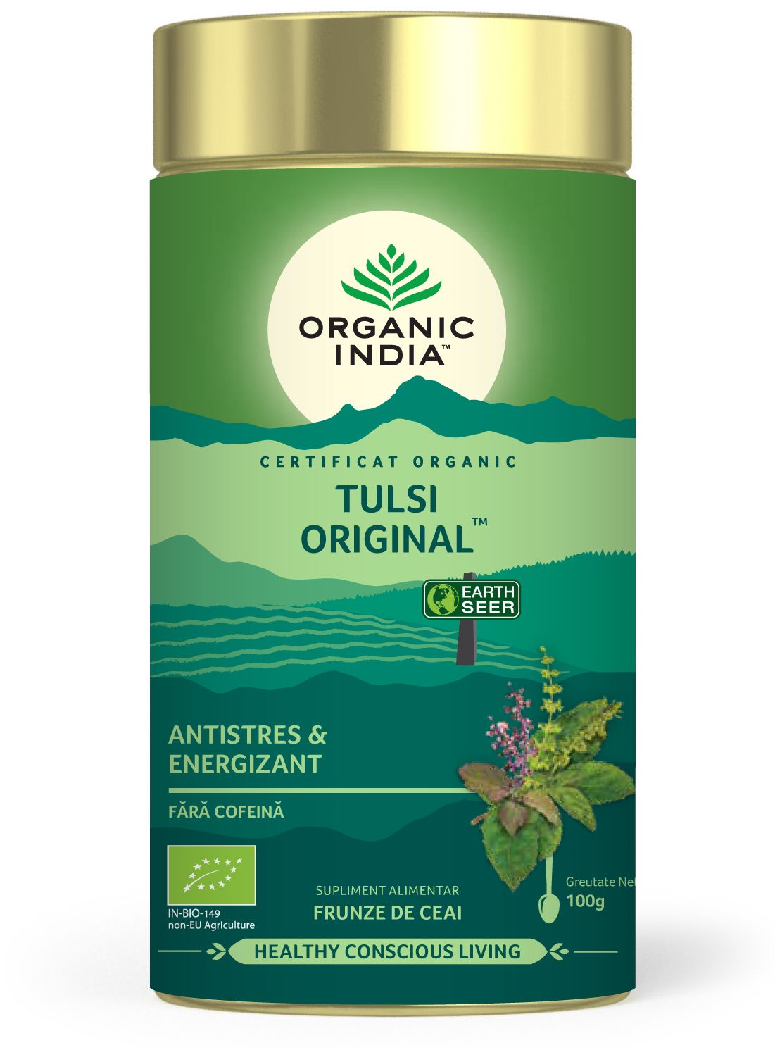 Ceai Tulsi Original, antistres, energizant, cutie verde 100g, Organic India.