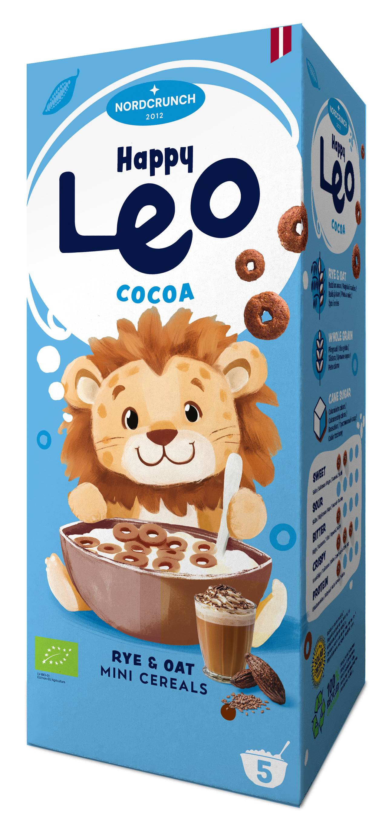 Cereale din secară și ovăz cu cacao Happy Leo, ambalaj albastru cu desen leu simpatic.