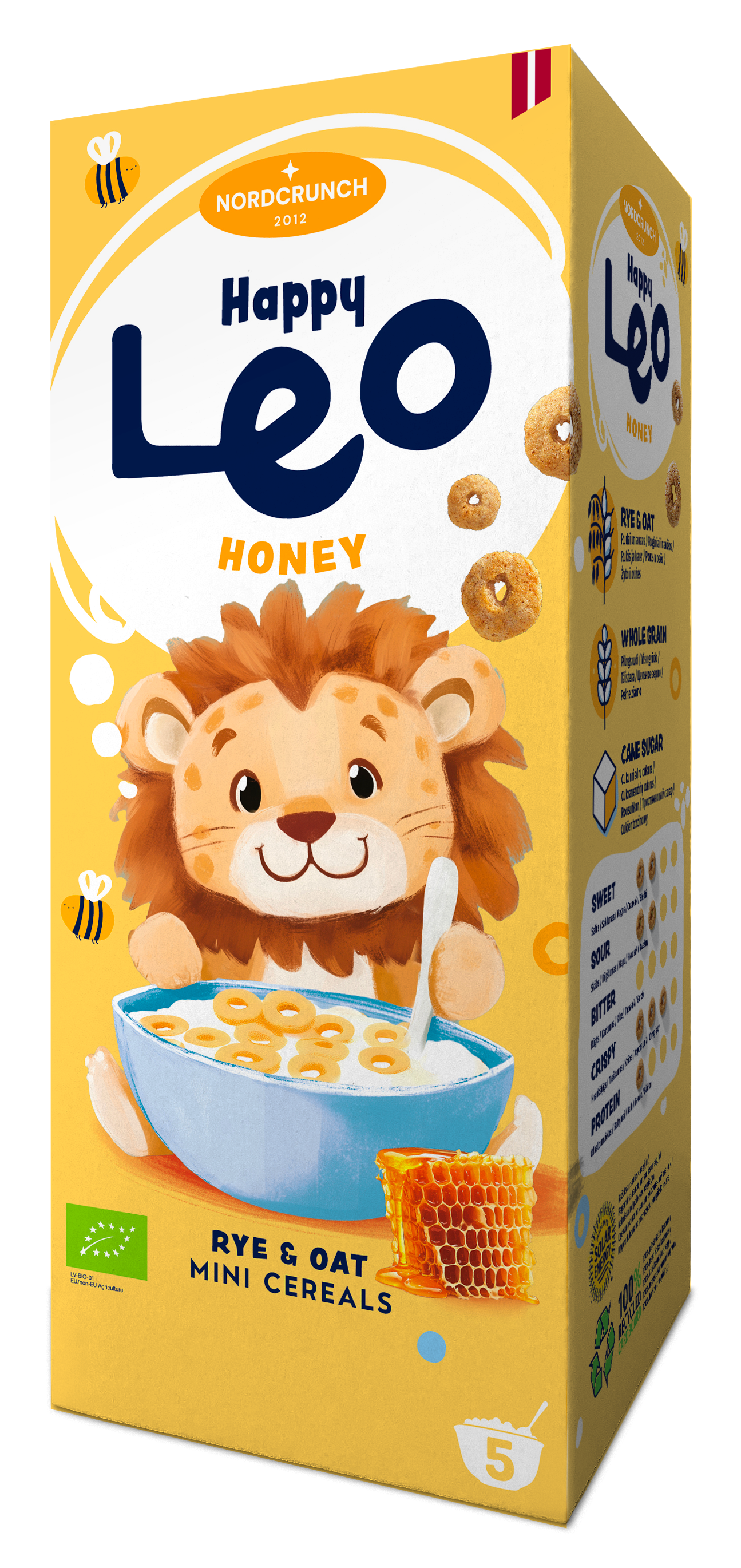 Cereale din secară și ovăz cu miere, ecologice, 150g, Happy Leo, ambalaj galben.