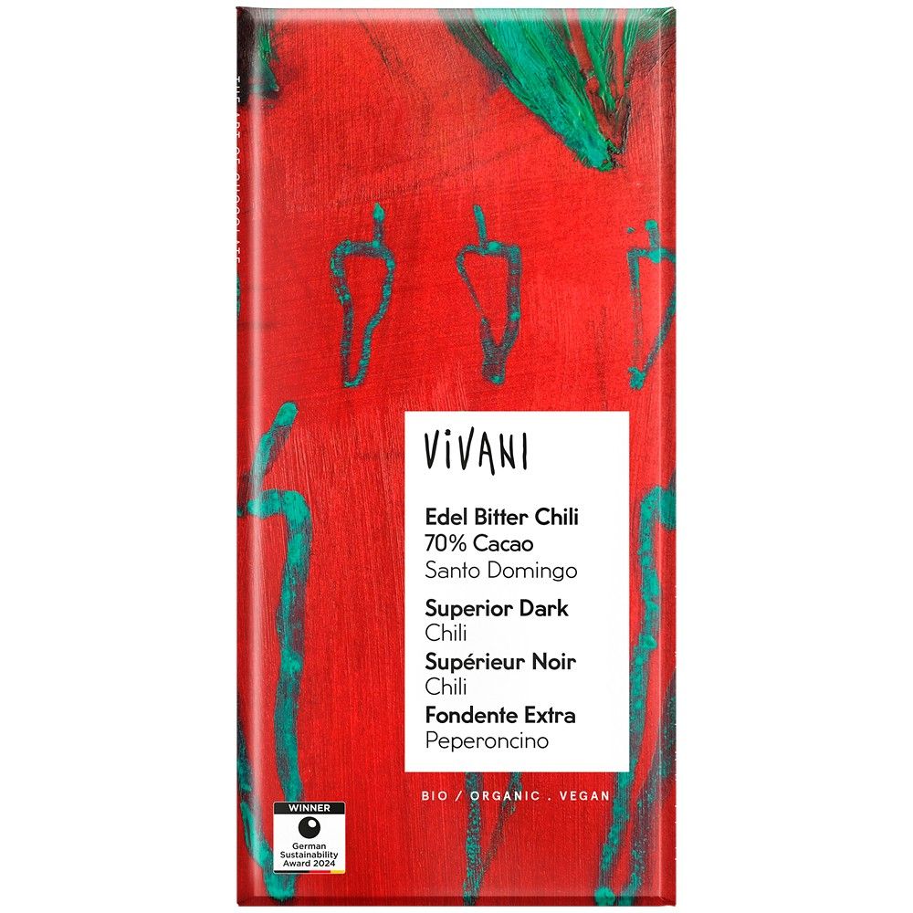Ciocolată amăruie Vivani bio 70% cacao cu chili, 80g, ambalaj roșu cu accente verzi.
