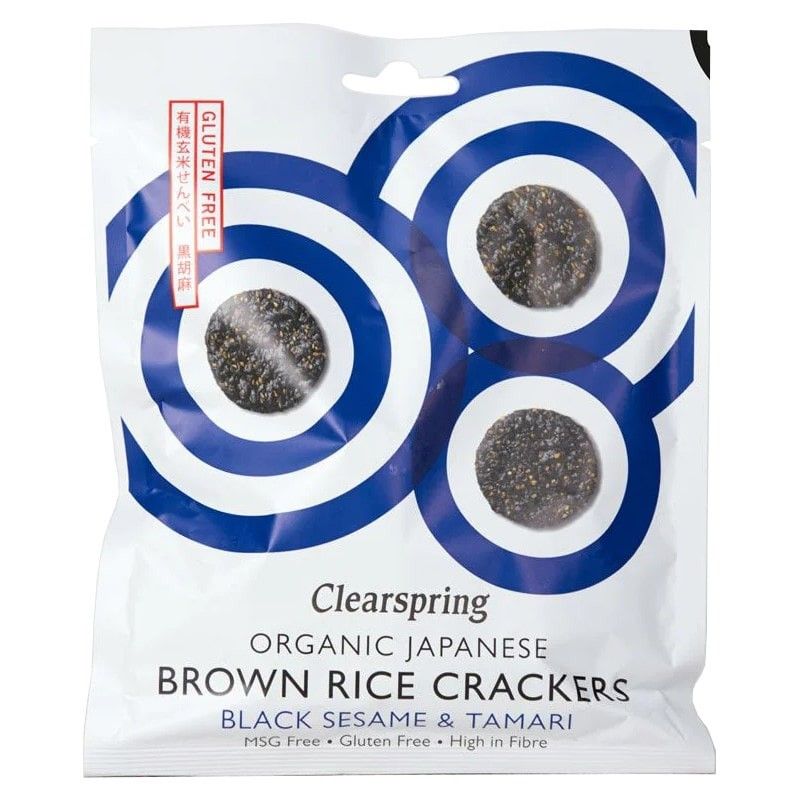 Crackers japonezi Clearspring cu orez brun, susan negru și tamari, ambalaj albastru și alb, fără gluten, eco.