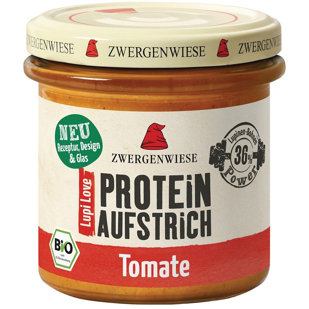 Crema tartinabilă proteică bio cu lupin și tomate Zwergenwiese 135g, borcan sticlă cu etichetă alb-roșie.