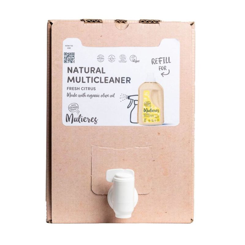 Cutie maro detergent concentrat Mulieres Fresh Citrus 15L, robinet plastic alb, etichetă eco.