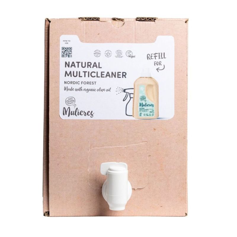 Cutie carton natur cu robinet alb pentru detergent concentrat Mulieres, Nordic Forest, 15L, 99% ingrediente naturale.