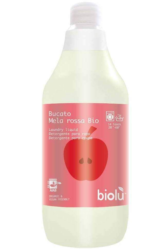 Detergent ecologic lichid Biolu pentru rufe albe și colorate, aromă mere roșii, 1L, sticlă albă și etichetă roz.