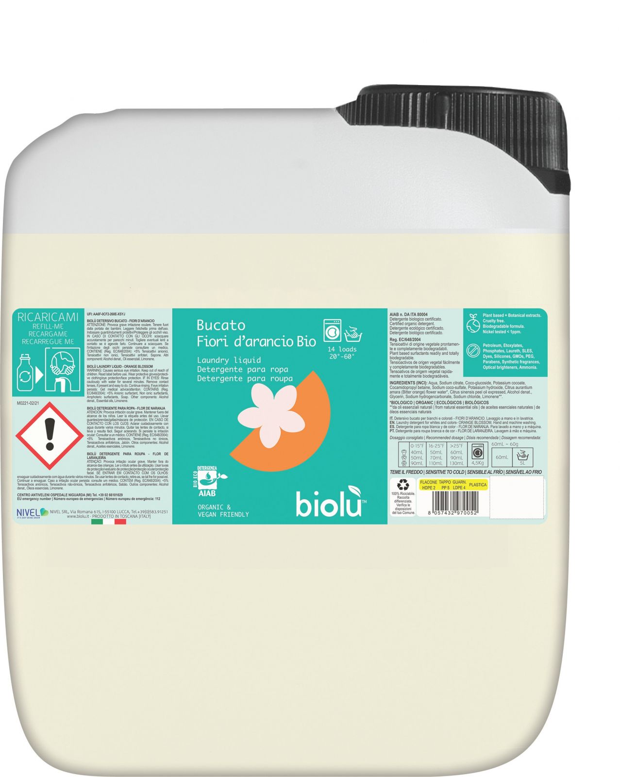 Detergent ecologic lichid 5L Biolu, etichetă portocalie și albă, capac negru.