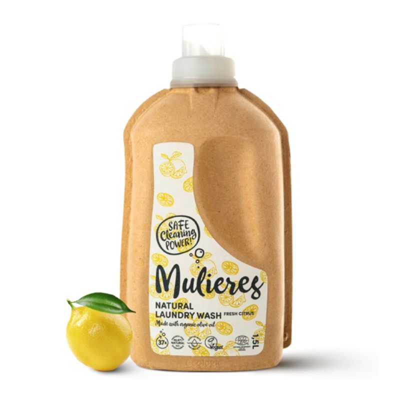 Detergent rufe natural Fresh Citrus 1.5L, Mulieres, ambalaj hârtie maro, etichetă design lămâi galbene.
