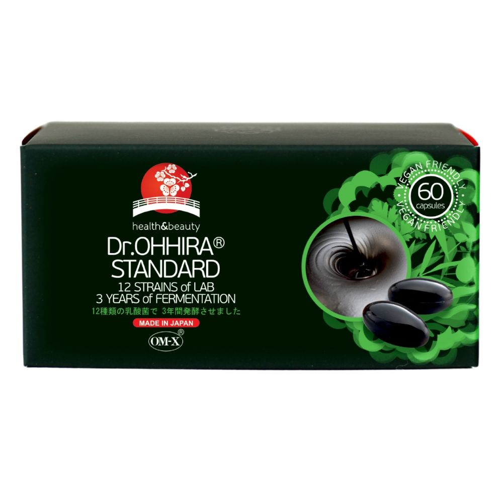 Supliment probiotic Dr.Ohhira® Standard, 60 capsule, cutie neagră cu detalii verzi și logo OM-X®.