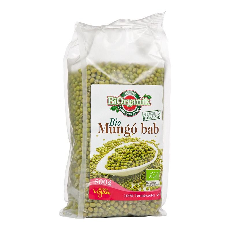 Fasole Mung eco 500g Biorganik, ambalaj transparent, etichetă verde și roșie.