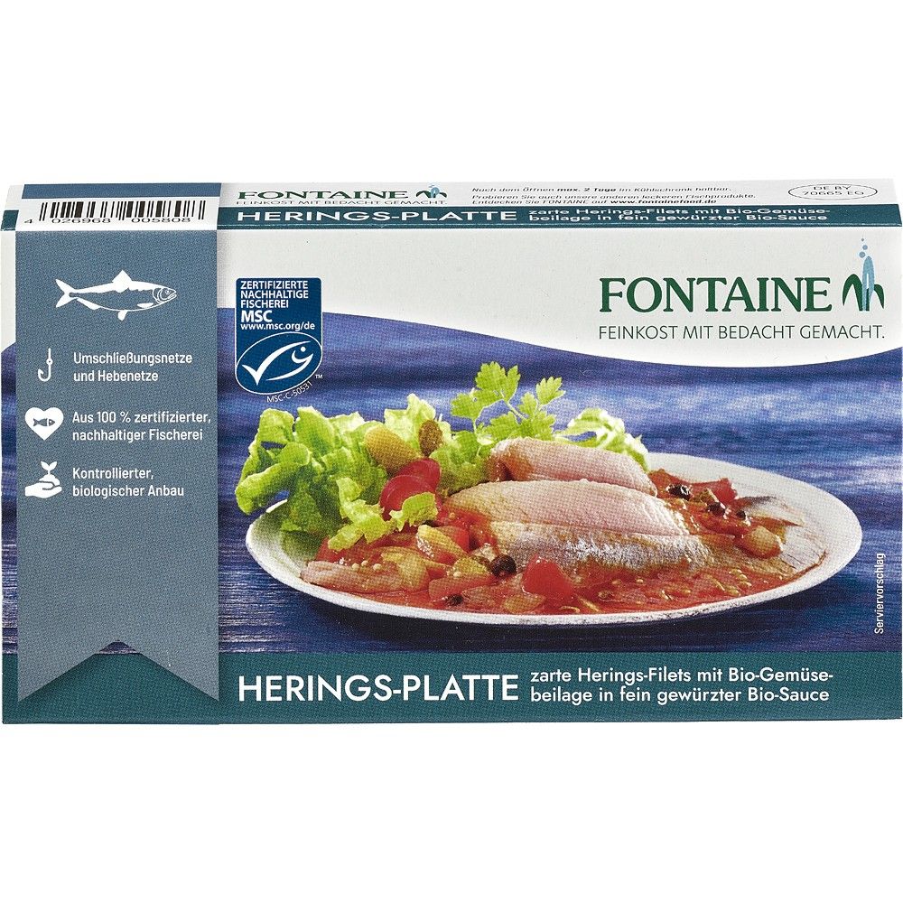 File de hering în sos bio cu legume, 200g, ambalaj Fontaine, pe fundal albastru.