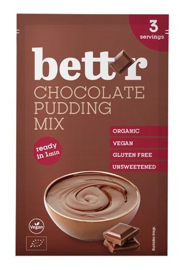 Mix budincă ciocolată bio Bettr 30g, organic, vegan, fără gluten, fără zahăr, ambalaj maro cu imagine budincă.
