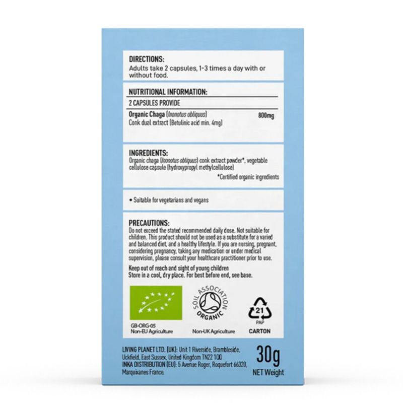 Organic Chaga 800 mg Pure Grade Extract (60 capsule), MushroomsForLife Organic Chaga 800 mg Pure