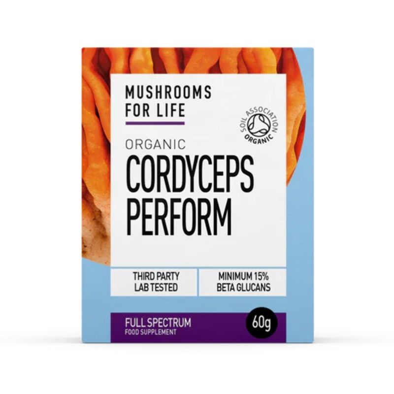 Supliment Organic Cordyceps Perform 1000 mg, cutie albastră și portocaliu, 60g, MushroomsForLife.