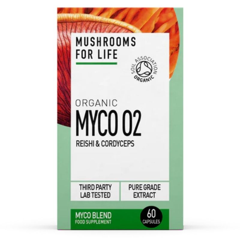 Cutie verde-alb cu supliment Organic Myco O2 Reishi și Cordyceps 800 mg, MushroomsForLife, 60 capsule.