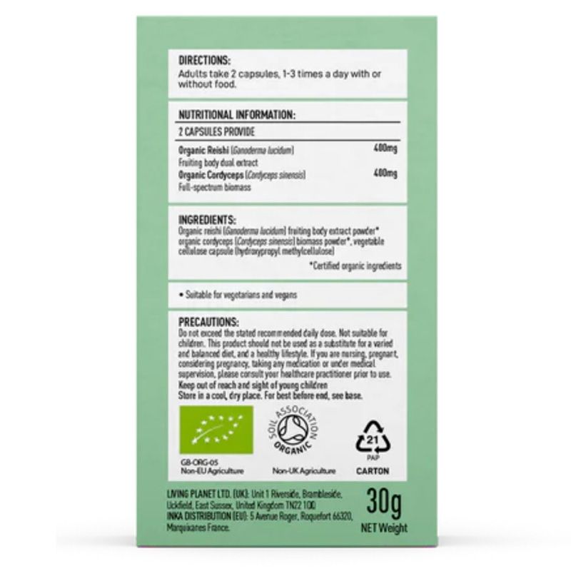 Text etichetă MushroomsForLife Reishi și Cordyceps, detalii ingrediente și instrucțiuni, fundal verde.