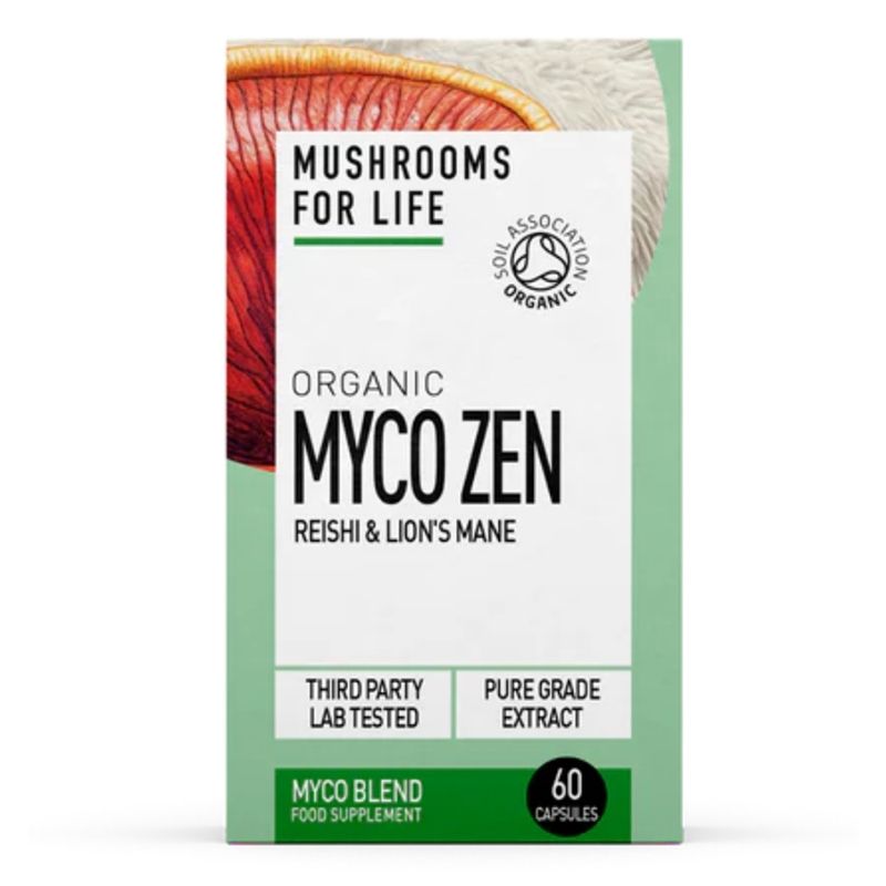 Organic Myco Zen Reishi și Lions Mane 800 mg, 60 capsule, MushroomsForLife, ambalaj verde și alb.