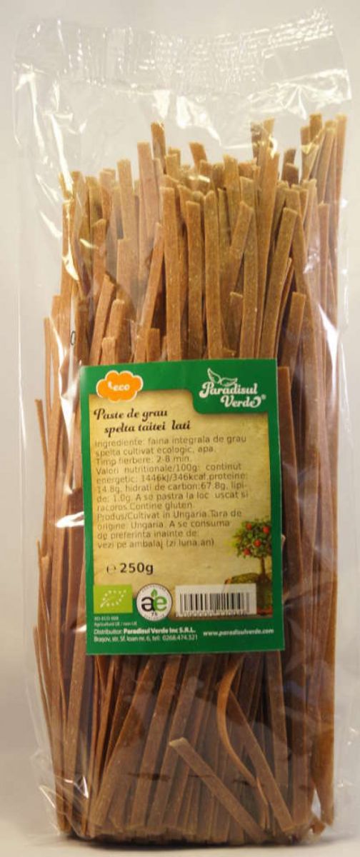 Paste integrale grâu spelta, tăiței lați, eco, 250g, ambalaj transparent, etichetă verde Paradisul Verde.