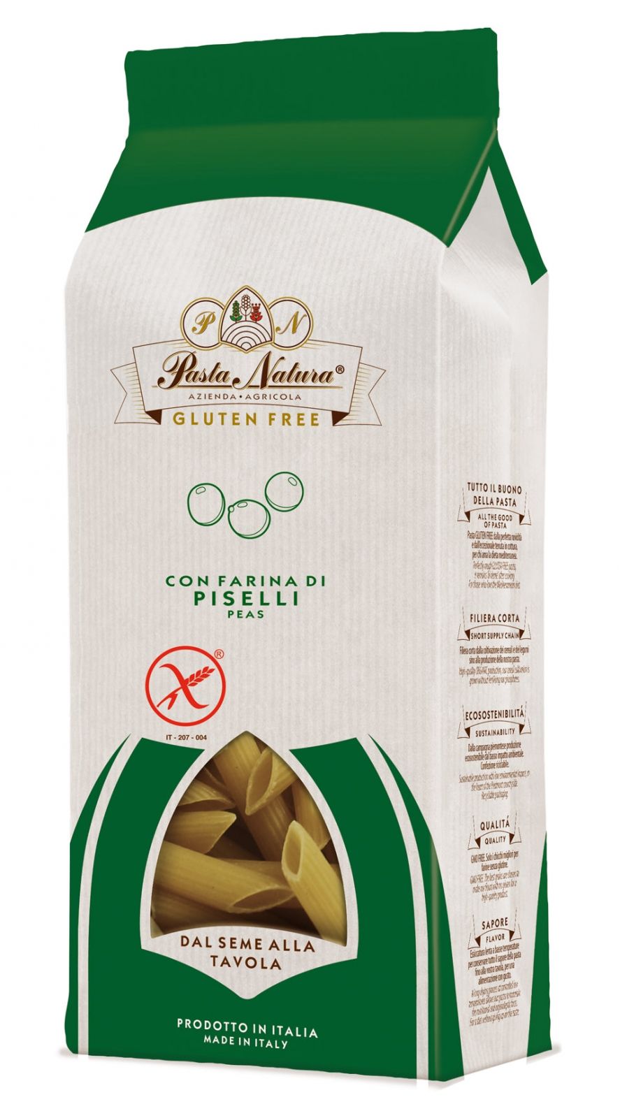 Penne bio din mazare verde fara gluten 250g, ambalaj Pasta Natura, cu eticheta italiana, design verde.