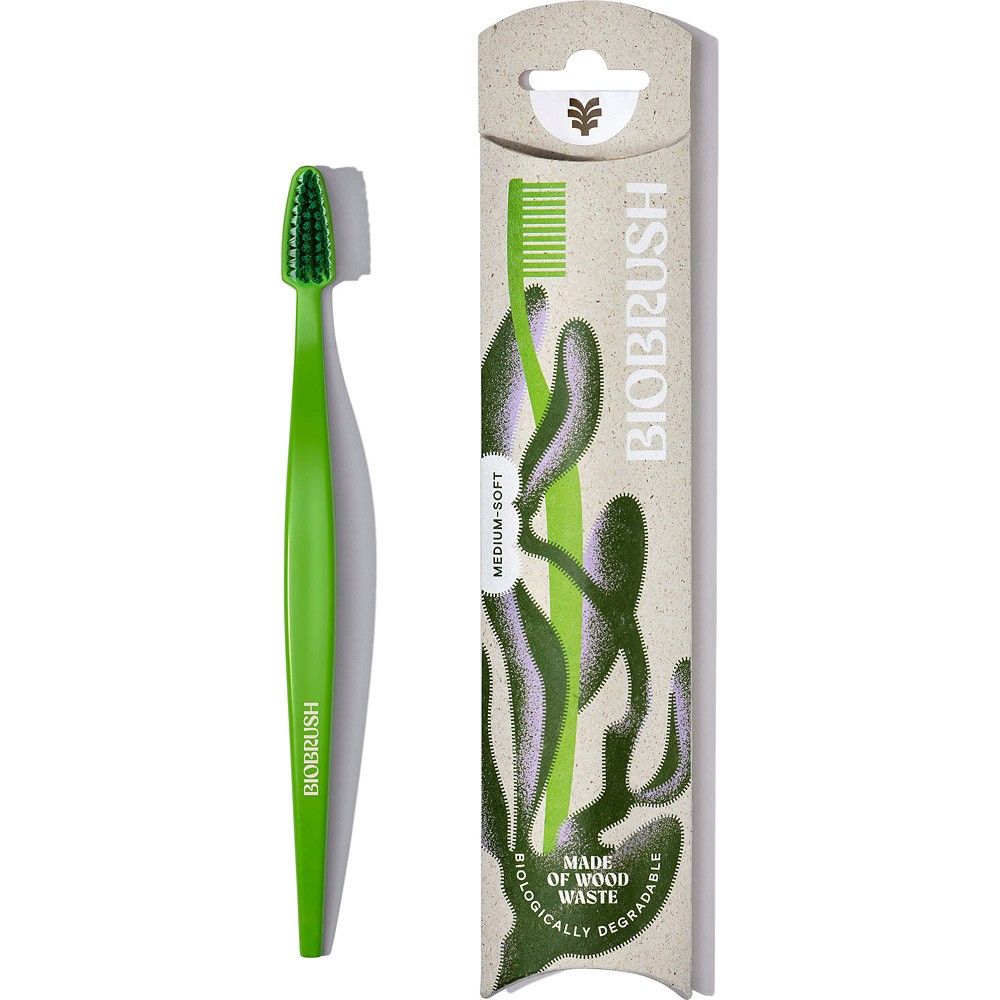 Periuță de dinți Biobrush verde, peri moi, din lemn și plastic, cap mic, ambalaj biodegradabil.