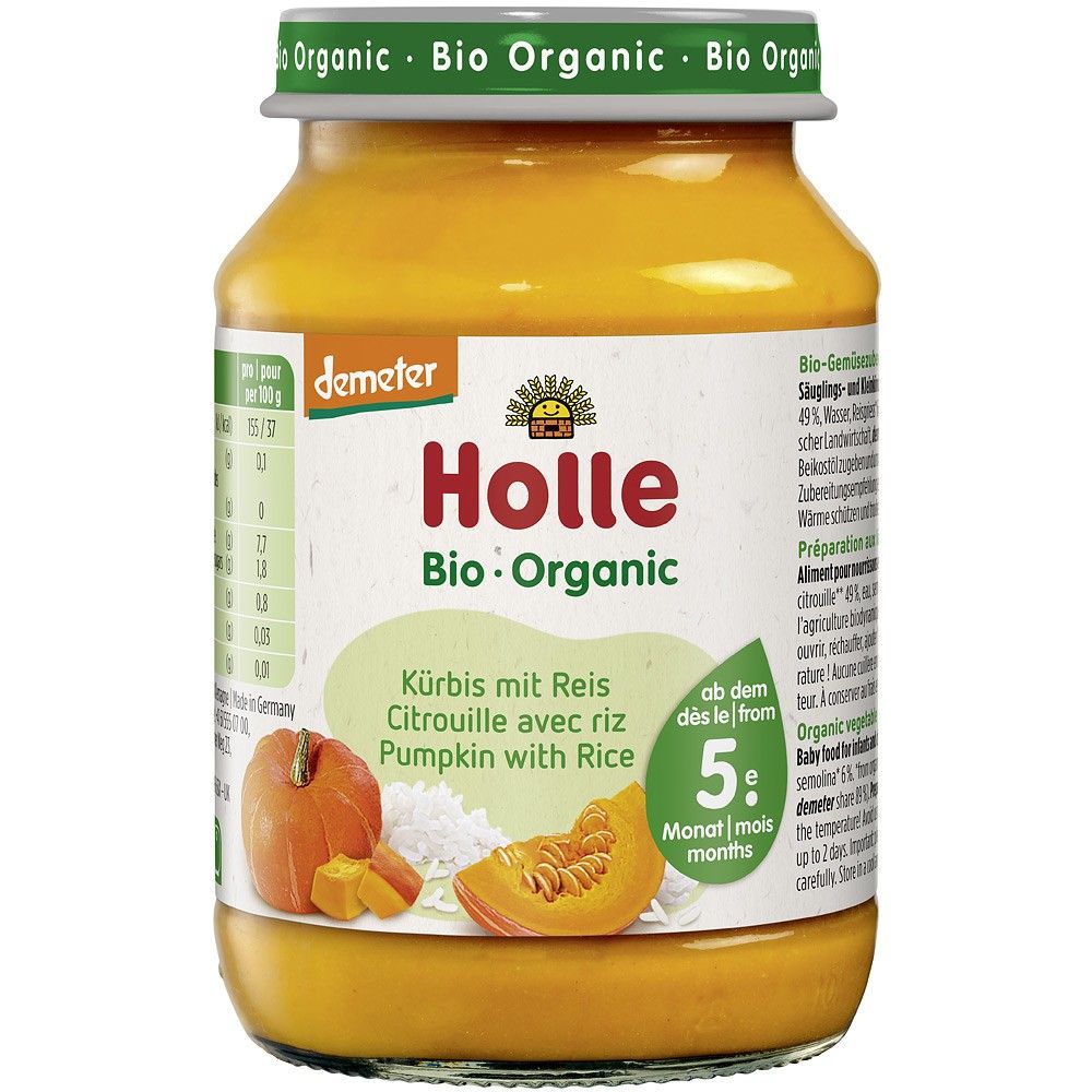 Piure bio din dovleac cu orez pentru copii fara gluten 5 luni 190g Holle Cu o textura fina si
