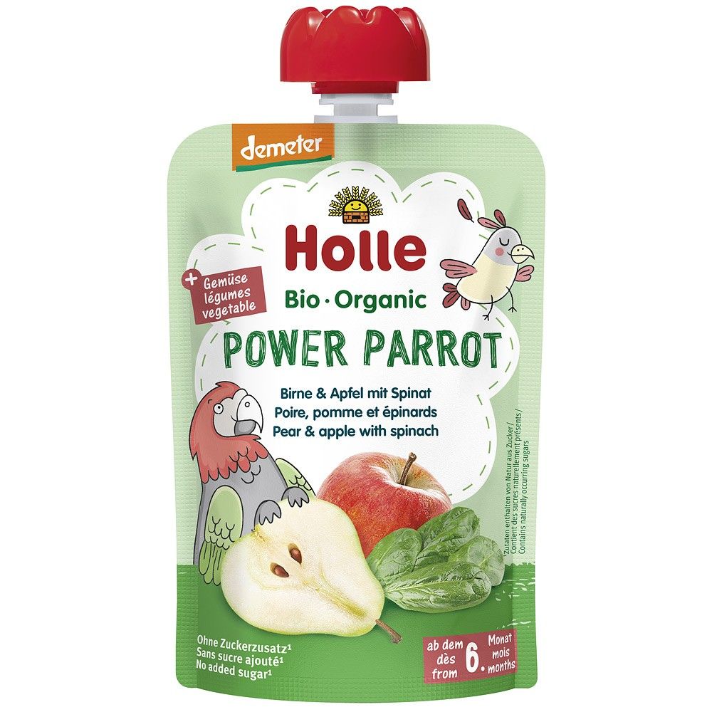 Piure bio pere și mere cu spanac Holle pentru copii 6 luni, 100g, ambalaj verde și roșu.