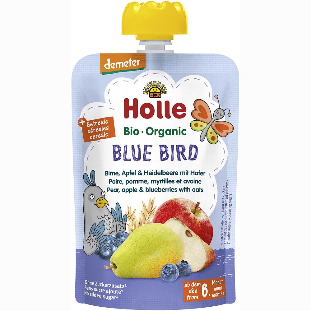 Piure bio de pere, mere, afine și ovăz Holle, ambalaj galben pentru copii 6 luni, 100g.