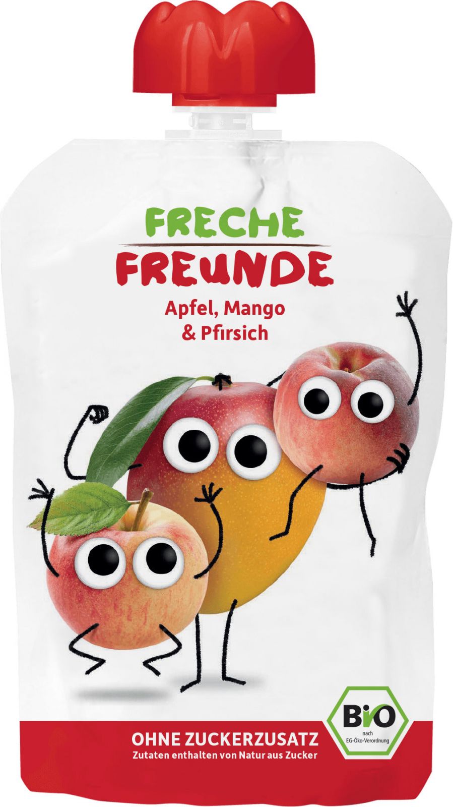 Piure bio mere, mango și piersici Erdbar 100g, ambalaj alb cu fructe desenate și capac roșu.