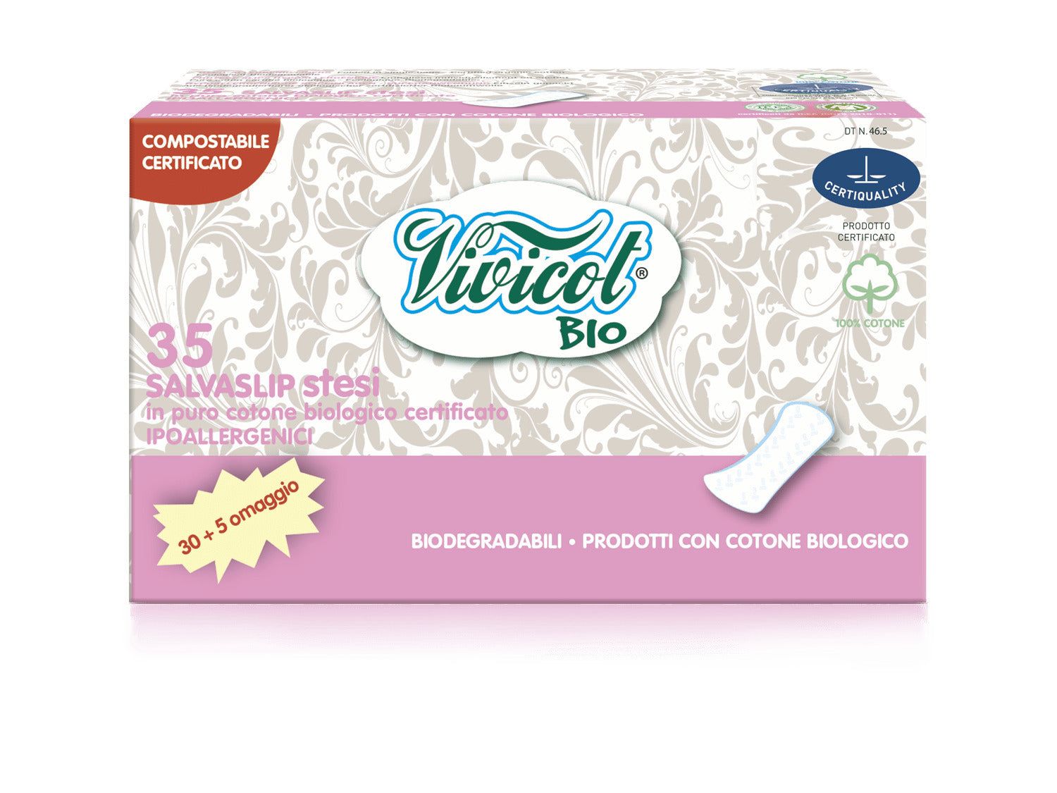 Protej slip Vivicot Bio compostabil, 35 bucăți, bumbac hipoalergenic, cutie decorativă alb-crem cu accente roz