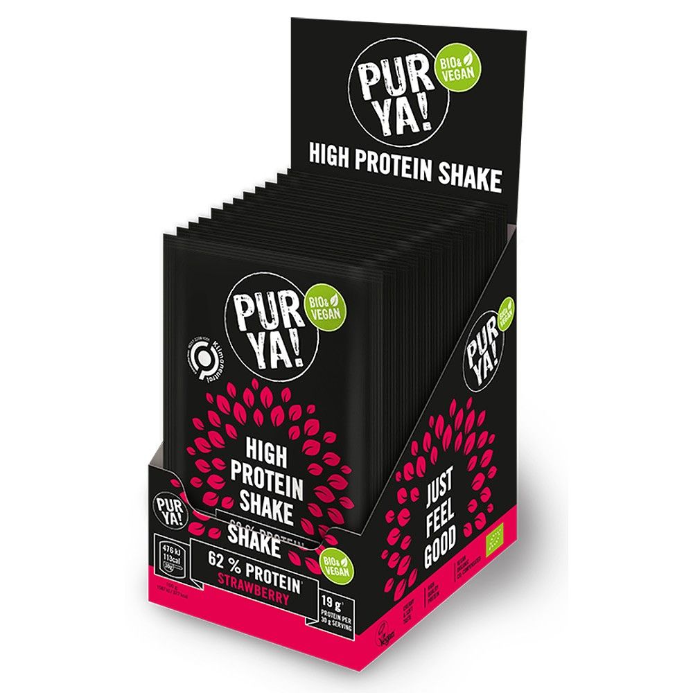 Pudra proteică vegetală bio cu căpșuni 30g Purya, ambalaj negru cu detalii roz.