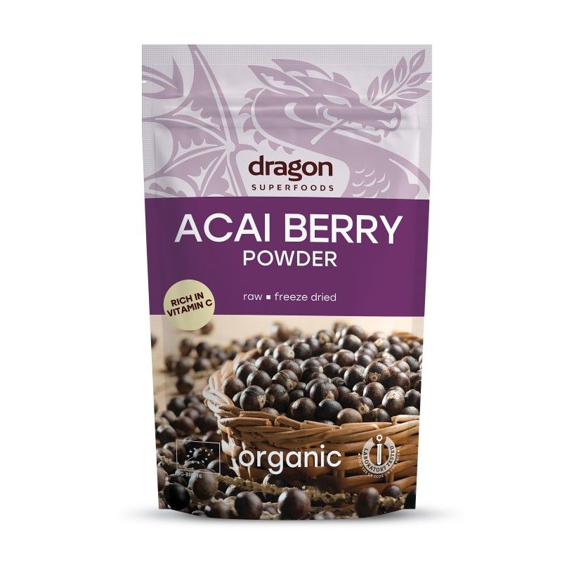 Pachet pulbere acai eco 75g DS, ambalaj violet, certificat organic, vedere laterală.