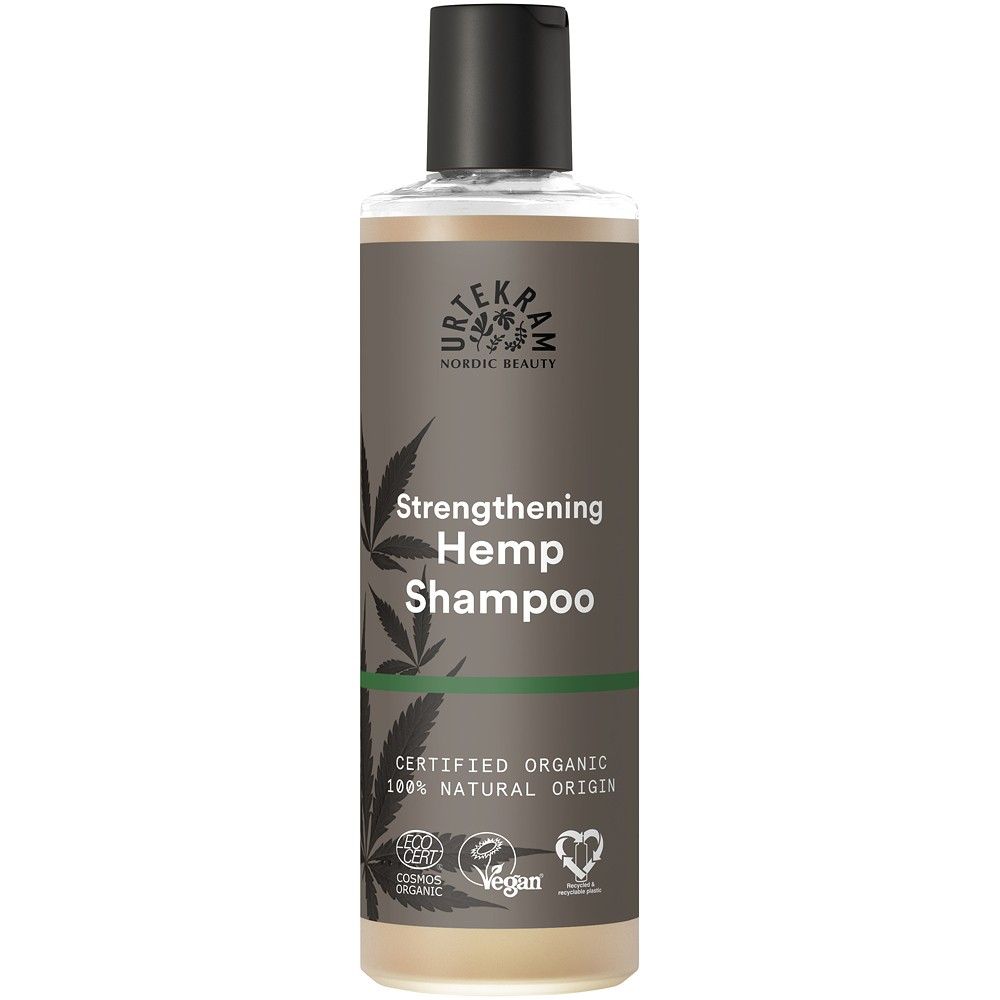 Șampon cu cânepă Urtekram, 250ml, flacon maro-negru, certificări bio, păr uscat și deteriorat.