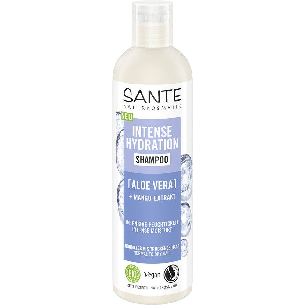 Șampon hidratant aloe vera mango Sante 250ml; flacon alb cu etichetă mov, ingrediente bio.