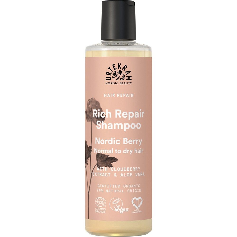 Șampon reparator Nordic Berry Urtekram, 250ml, extract mur pitic, aloe vera, certificat organic, pentru păr uscat.