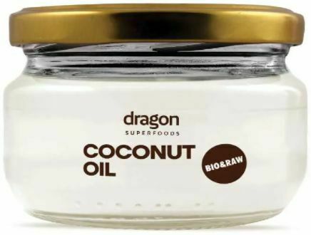 Ulei de cocos virgin eco 100ml DS, borcan sticlă transparentă cu capac auriu, etichetă albă.