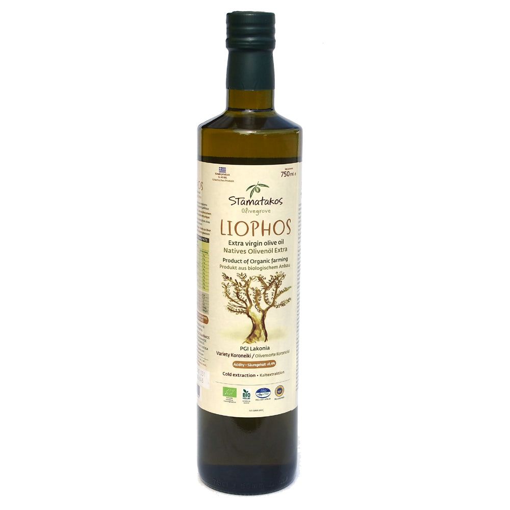 Ulei de măsline extravirgin Liophos bio 750ml, etichetă Stamatakos, sticlă verde.