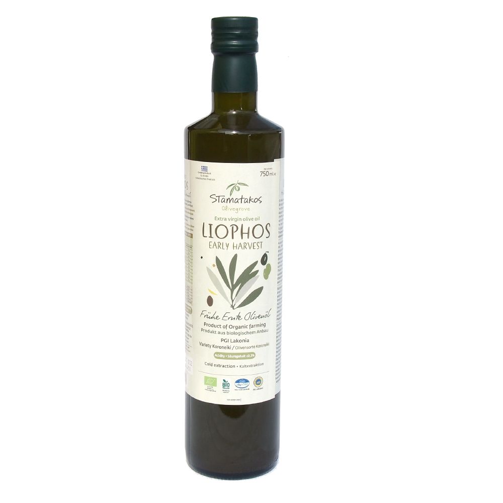 Ulei de măsline extravirgin Liophos Early Harvest bio 750ml, etichetă albă.