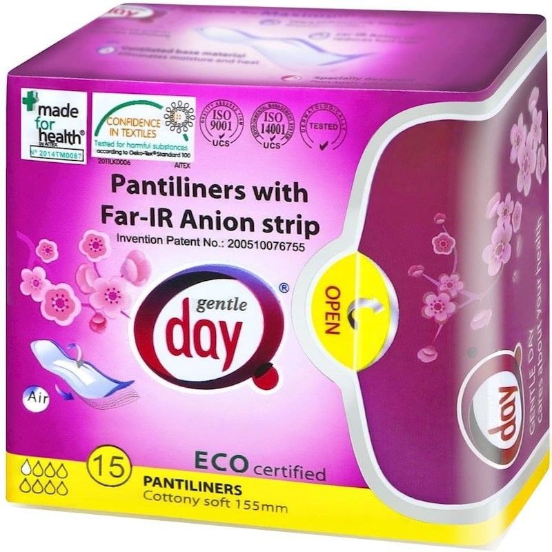 Absorbante Far-IR Anion Gentle Day, bumbac, 15 buc., 155mm, cutie decorativă mov cu flori roz.