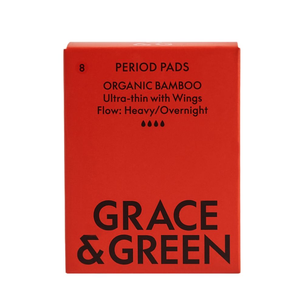 Absorbante din bambus organic, cutie roșie, Grace and Green, 8 bucăți, protectie noapte.