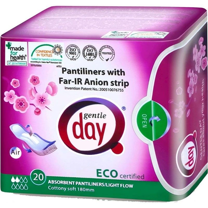 Absorbante Gentle Day Light Flow, 20 buc, 180mm, cu bandă Far-IR Anion pe fundal roz cu detalii florale.