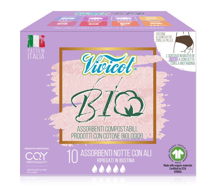 Cutie mov cu absorbante de noapte VIVICOT BIO din bumbac bio, compostabile, 10 bucăți.